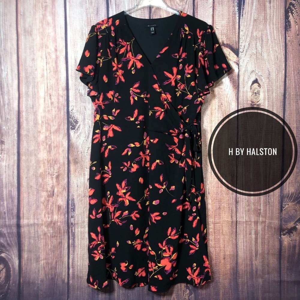 H by Halston Short Sleeve Floral Watercolor Wrap Dress - Picture 2 of 8